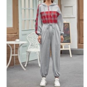 Zip Drawstring Waist Plaid Panel Hooded Jumpsuit
